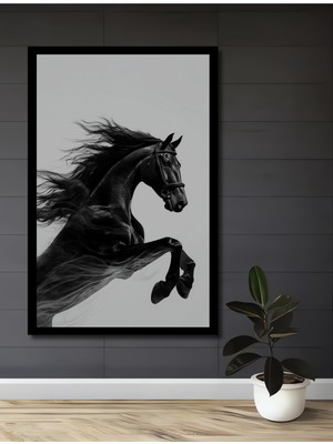 Asil Siyah At Kara Kalem Görünümlü Sanat Ahşap Ev,antre,salon,ofis,mutfak Tablo Çerçeve Görünümlü