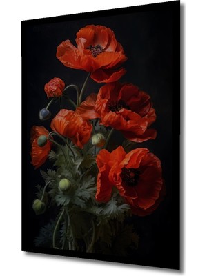 Büyüleyici Kırmızı Gelincik Yağlı Boya Görünümlü Ahşap Ev,antre,ofis,mutfak Tablo Çerçeve Görünümlü