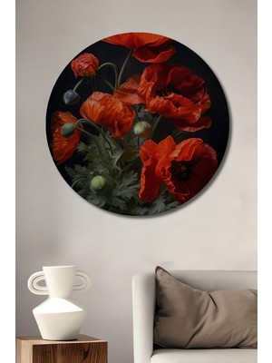 Büyüleyici Kırmızı Gelincik Yağlı Boya Görünümlü Ahşap Dekoratif Tablo Yuvarlak Duvar Tablosu