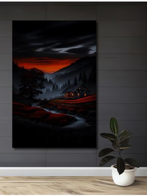 Görkemli Orman Evi Kırmızı Gün Batımı Yağlı Boya Görünümlü Ahşap Dekoratif Ev,antre,salon Tablo