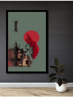 Japonya Tarzı Kırmızı Ağaçlı Ev ve Gün Batımı Ahşap Ev,antre,ofis,mutfak Tablo Çerçeve Görünümlü