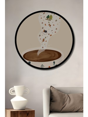 Sıcak Kahve Huzuru Doğa Sanatı Yuvarlak Duvar Tablosu Çerçeve Görünümlü