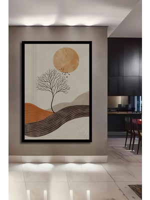 Soyut Ağaç Güneş Manzarası Yağlı Boya Görünümlü Ahşap Ev,antre,ofis,mutfak Tablo Çerçeve Görünümlü