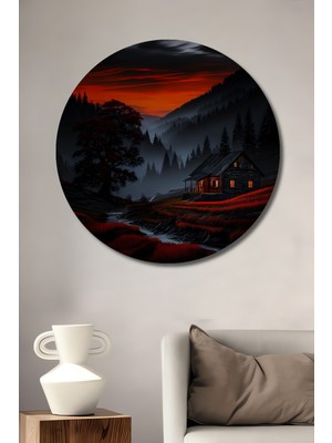 Görkemli Orman Evi Kırmızı Gün Batımı Yağlı Boya Görünümlü Ahşap Tablo Yuvarlak Duvar Tablosu