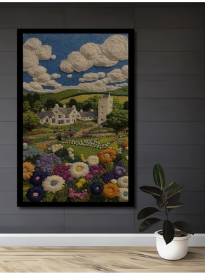 Bahçeli Ev Kule Silüeti Işlemeli Ahşap Ev,antre,ofis,mutfak,yatak Odası Tablo Çerçeve Görünümlü