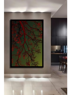 Kızıl Ağaç Dalları Sulu Boya Görünümlü Ahşap Ev,antre,ofis,yatak Odası Tablo Çerçeve Görünümlü