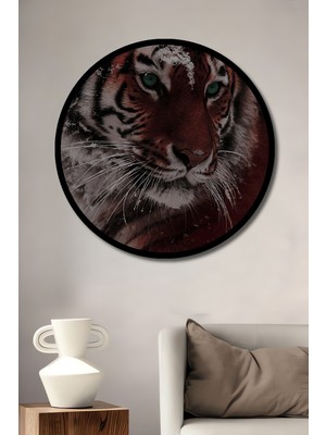 Karizmatik Kış Kaplanı Yağlı Boya Görünümlü Ahşap Tablo Yuvarlak Duvar Tablosu Çerçeve Görünümlü