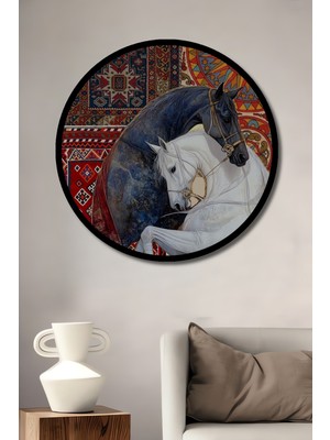 Iki At ve Güneş Kadın Desenli Ahşap Dekoratif Tablo Yuvarlak Duvar Tablosu Çerçeve Görünümlü