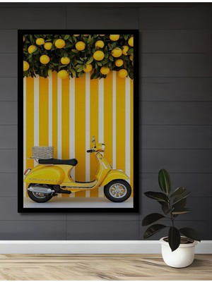 Sarı Vespa ve Limon Ağacı Desenli Ahşap Ev,antre,ofis,mutfak,yatak Odası Tablo Çerçeve Görünümlü