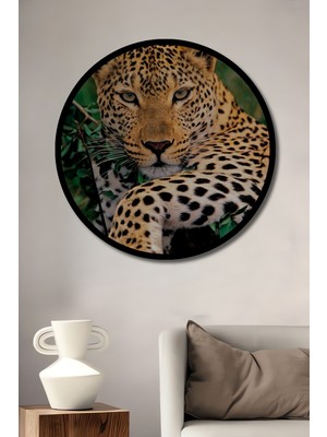 Leopar Desenli Gerçekçi Yağlı Boya Görünümlü Ahşap Tablo Yuvarlak Duvar Tablosu Çerçeve Görünümlü