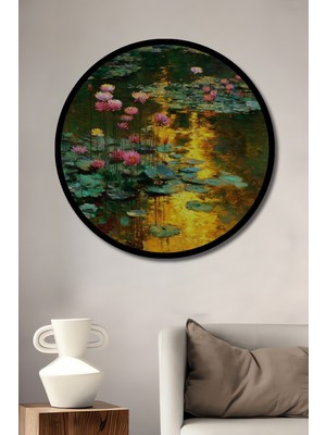 Monet Tarzı Nilüfer Gecesi Yağlı Boya Görünümlü Ahşap Tablo Yuvarlak Duvar Tablosu Çerçeve Görünümlü