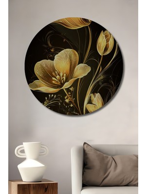 Altın Lale Çiçek Yağlı Boya Görünümlü Dekoratif Ahşap Tablo Yuvarlak Duvar Tablosu