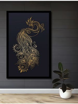 Altın Renk Tavus Kuşu Desenli Ahşap Ev,antre,salon,ofis,mutfak,yatak Odası Tablo Çerçeve Görünümlü