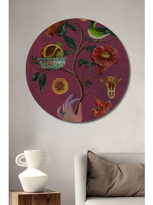 Nar Taneleri ve Sevimli Kuş Sulu Boya Görünümlü Sanat Tablosu Ahşap Tablo Yuvarlak Duvar Tablosu