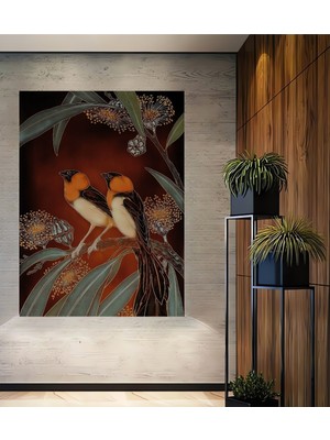 Büyülü Iki Kuş ve Eukaliptüs Çiçekleri Yağlı Boya Görünümlü Ahşap Dekoratif Ev,antre,salon Tablo