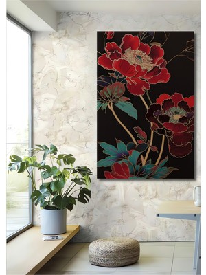 Zarif Kırmızı Şakayıklar Sulu Boya Görünümlü Dekoratif Ahşap Ev,antre,salon,ofis,mutfak Tablo