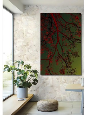 Kızıl Ağaç Dalları Sulu Boya Görünümlü Ahşap Dekoratif Ev,antre,salon,ofis,mutfak,yatak Odası Tablo