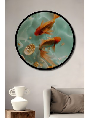 Altın Balık Suyu Dansı Sulu Boya Görünümlü Ahşap Tablo Yuvarlak Duvar Tablosu Çerçeve Görünümlü