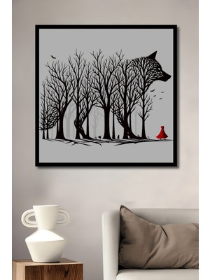 Kırmızı Başlıklı Kurt Ormanı Silüet Ahşap Ev,antre,ofis,mutfak,yatak Odası Tablo Çerçeve Görünümlü