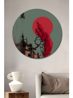 Japonya Tarzı Kırmızı Ağaçlı Ev ve Gün Batımı Ahşap Dekoratif Tablo Yuvarlak Duvar Tablosu