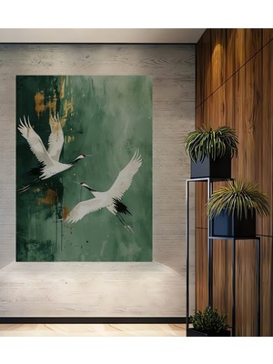Kızıl Gerdanlı Turnalar Ile Altın Efektli Sulu Boya Görünümlü Modern Sanat Ahşap Dekoratif Tablo