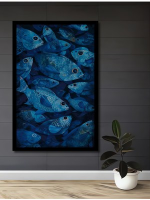 Mavi Balık Sürüsü Sulu Boya Görünümlü Ahşap Ev,antre,ofis,mutfak,yatak Odası Tablo Çerçeve Görünümlü