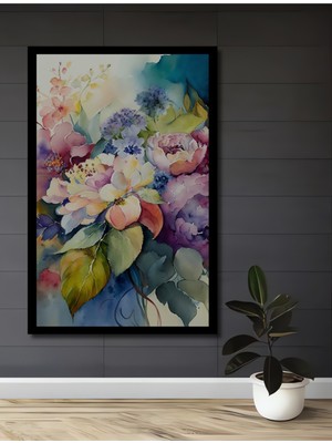 Bahar Çiçekleri Sulu Boya Görünümlü Ahşap Ev,antre,ofis,mutfak,yatak Odası Tablo Çerçeve Görünümlü
