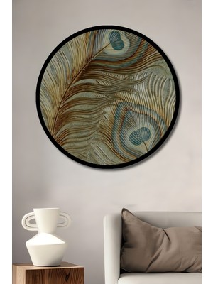 Tavus Kuşu Tüyü Görünümlü Soyut Sanat Ahşap Dekoratif Tablo Yuvarlak Duvar Tablosu Çerçeve Görünümlü