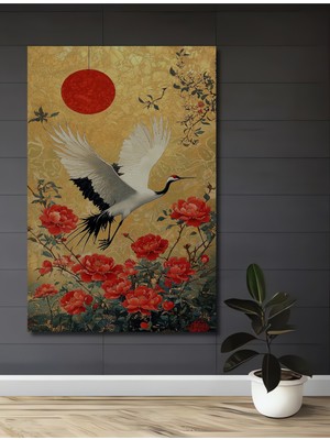 Kırmızı Çiçekli Ulu Kırmızı Güneş Turnası Sulu Boya Görünümlü Sanat Tablosu Dekoratif Ahşap Tablo