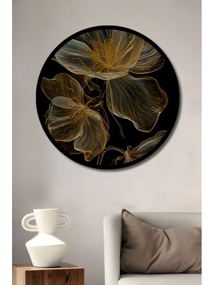 Altın Işıltılı Şeffaf Çiçek Yağlı Boya Görünüm Ahşap Tablo Yuvarlak Duvar Tablosu Çerçeve Görünüm