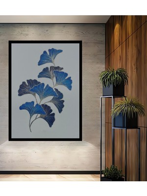 Mavi Ginkgo Yaprağı Sulu Boya Görünümlü Ahşap Ev,antre,ofis,yatak Odası Tablo Çerçeve Görünümlü