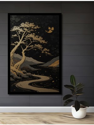 Altın Varak Görünümlü Doğa Sanatı Ahşap Antre,salon,ofis,mutfak,yatak Odası Tablo Çerçeve Görünümlü