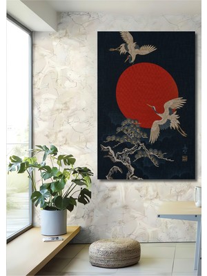 Japon Sanatından Kırmızı Güneş ve Turna Kuşu Desenli Ahşap Dekoratif Ev,antre,salon,ofis Tablo