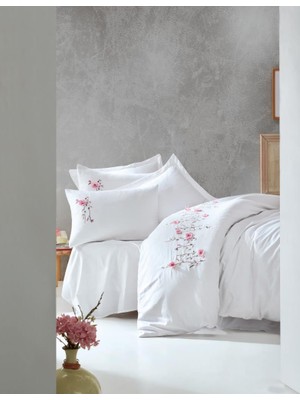 TeknoKapsül 3D Nakışlı Çift Kişilik Saten Nevresim Takımı Perla Beyaz