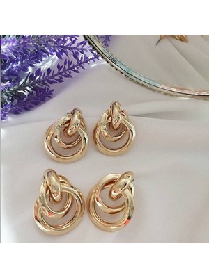 Lente Aksesuar Içiçe Geçme Ikili Zincir Küpe - Trend Kadın Küpe