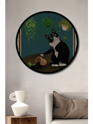 Komik Siyah Beyaz Kedi Suluboya Görünümlü Ahşap Tablo Yuvarlak Duvar Tablosu Çerçeve Görünümlü