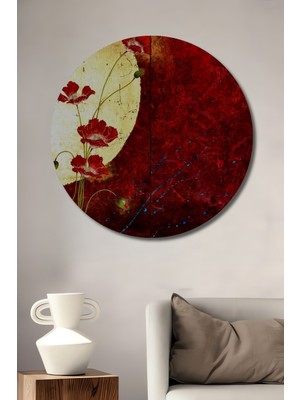 Kırmızı Gelincikler Yağlı Boya Görünümlü Ahşap Tablo Yuvarlak Duvar Tablosu