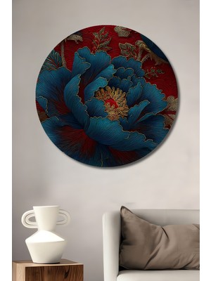 Mistik Gök Mavisi Şakayık Yağlı Boya Görünümlü Ahşap Dekoratif Tablo Yuvarlak Duvar Tablosu