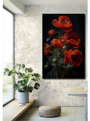 Büyüleyici Kırmızı Gelincik Yağlı Boya Görünümlü Ahşap Dekoratif Ev,antre,salon,ofis,mutfak Tablo