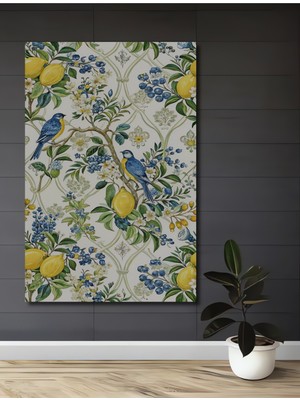 Sulu Boya Görünümlü Çift Kuşlu Limon Bahçesi Dekoratif Ahşap Ev,antre,salon,ofis,mutfak Tablo