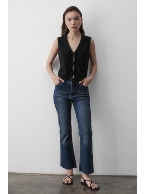 Jaste Kadın Bağlamalı Keten Yelek SİYAH