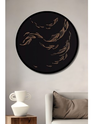 Altın Balık Sürüsü Yağlı Boya Görünümlü Ahşap Tablo Yuvarlak Duvar Tablosu Çerçeve Görünümlü