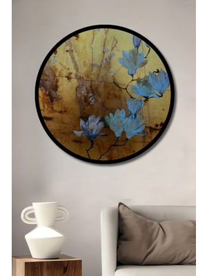 Altın Varaklı Çiçek Buketi Yağlı Boya Görünümlü Ahşap Tablo Yuvarlak Duvar Tablosu Çerçeve Görünümlü