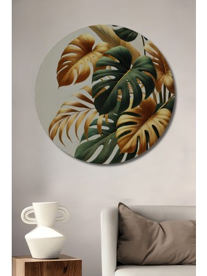 Altın ve Zümrüt Tropikal Yapraklar Yağlı Boya Görünümlü Dekoratif Ahşap Tablo Yuvarlak Duvar Tablosu