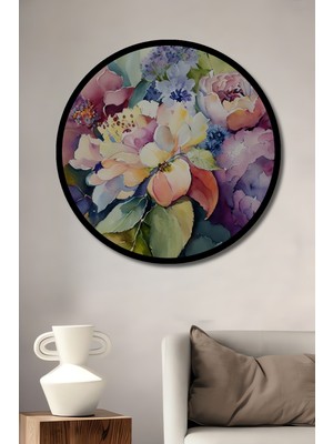 Bahar Çiçekleri Sulu Boya Görünümlü Ahşap Dekoratif Tablo Yuvarlak Duvar Tablosu Çerçeve Görünümlü