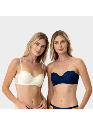 Pierre Cardin 2'li Ekonomik Paket 6800 Ales Bütün Kap Ekru-Lacivert Dolgusuz Dantelli Straplez Sütyen Set