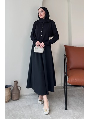 Tesettür Diyarı Scuba Beli Lastikli Tesettür Etek- Siyah