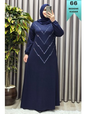 Elmas Tesettür Kadın Giyim Büyük Beden Kristal V Taşlı Kolu Lastikli Esnek Kumaş Elbise