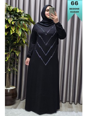 Elmas Tesettür Kadın Giyim Büyük Beden Kristal V Taşlı Kolu Lastikli Esnek Kumaş Elbise