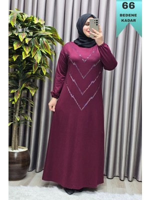 Elmas Tesettür Kadın Giyim Büyük Beden Kristal V Taşlı Kolu Lastikli Esnek Kumaş Elbise